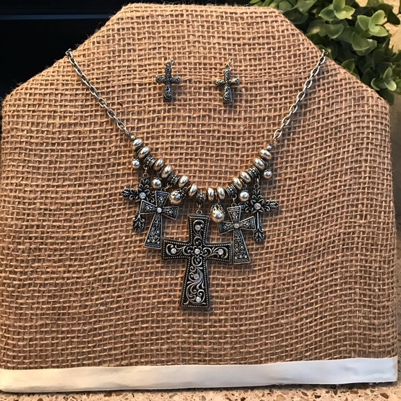 Cross Necklace and Earrings set in silver tone. - Picture 2 of 5